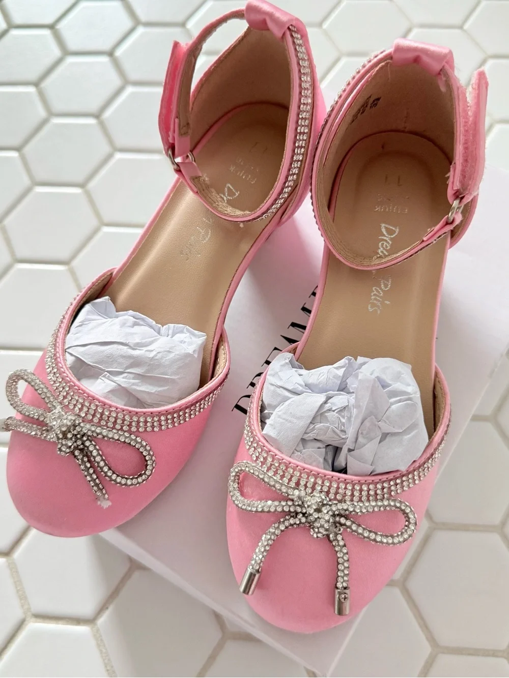 Girls' Pink Ankle-Strap Dreamy Dress Flats with Bow and Rhinestones